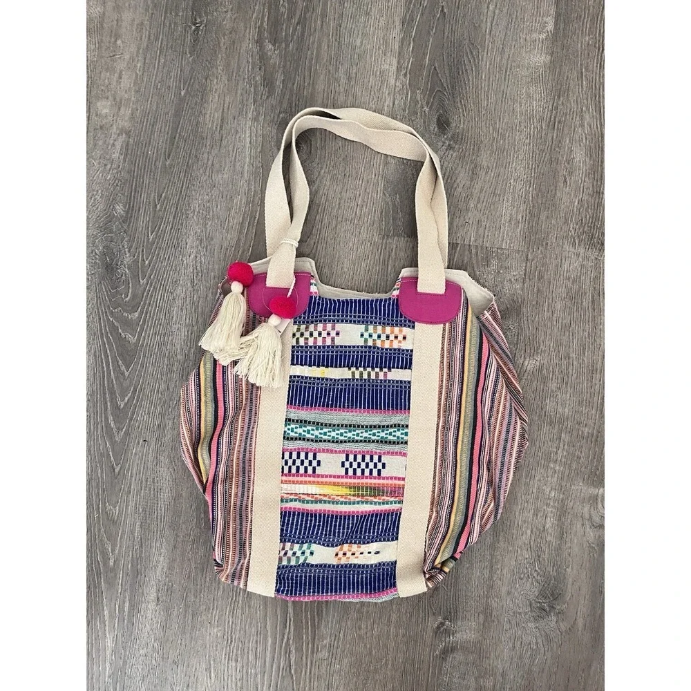 Boho Striped Canvas Tote Bag Tassels Bohemian Festival Beach Shoulder Bag NWT